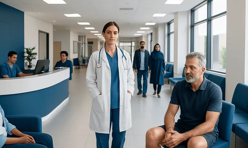 Medical staff and patient in a modern hospital waiting area.