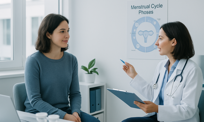 Doctor explaining menstrual cycle phases to a patient in a clinic.