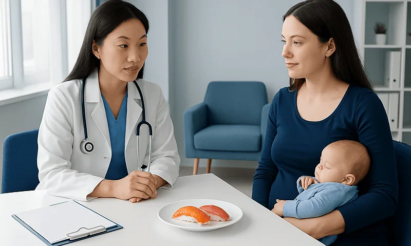 Doctor consulting mother and baby about nutrition and health.