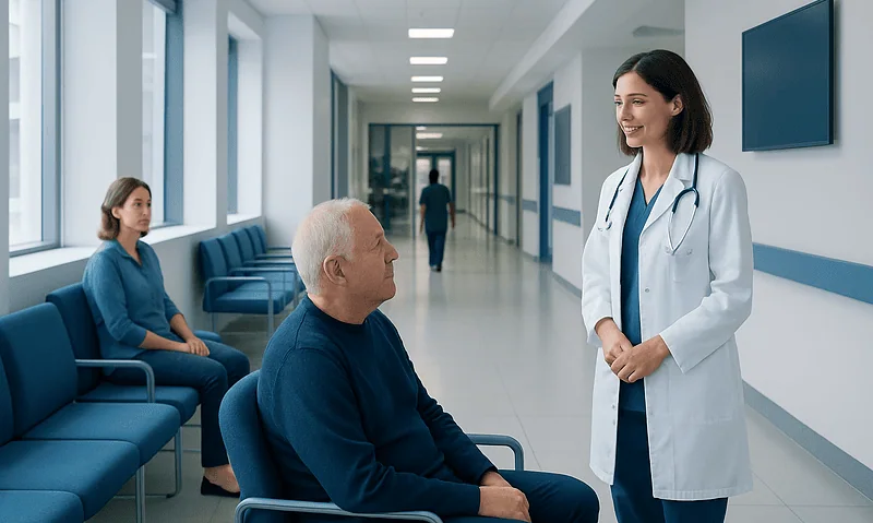 Doctor consulting with elderly patient in hospital corridor.