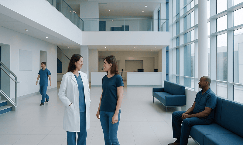 Hospital waiting area with medical staff and patient engaging in conversation.