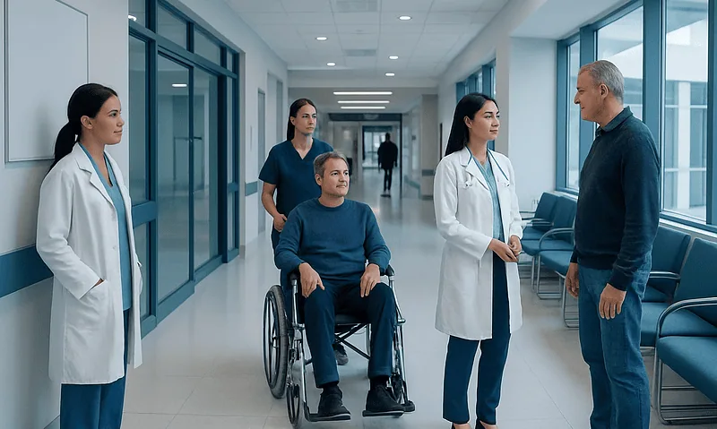 Medical team consulting with a patient in wheelchair at hospital corridor.