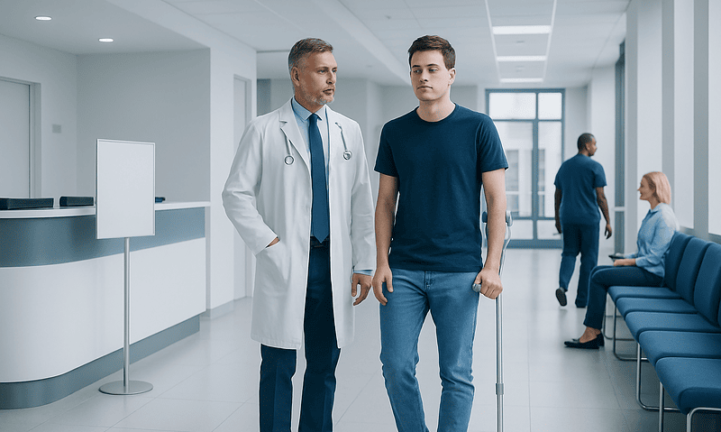 Doctor consulting with a young male patient in hospital corridor.