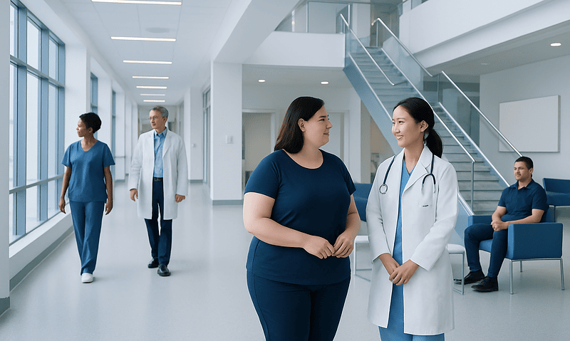 Healthcare professionals and patients in a modern hospital corridor.