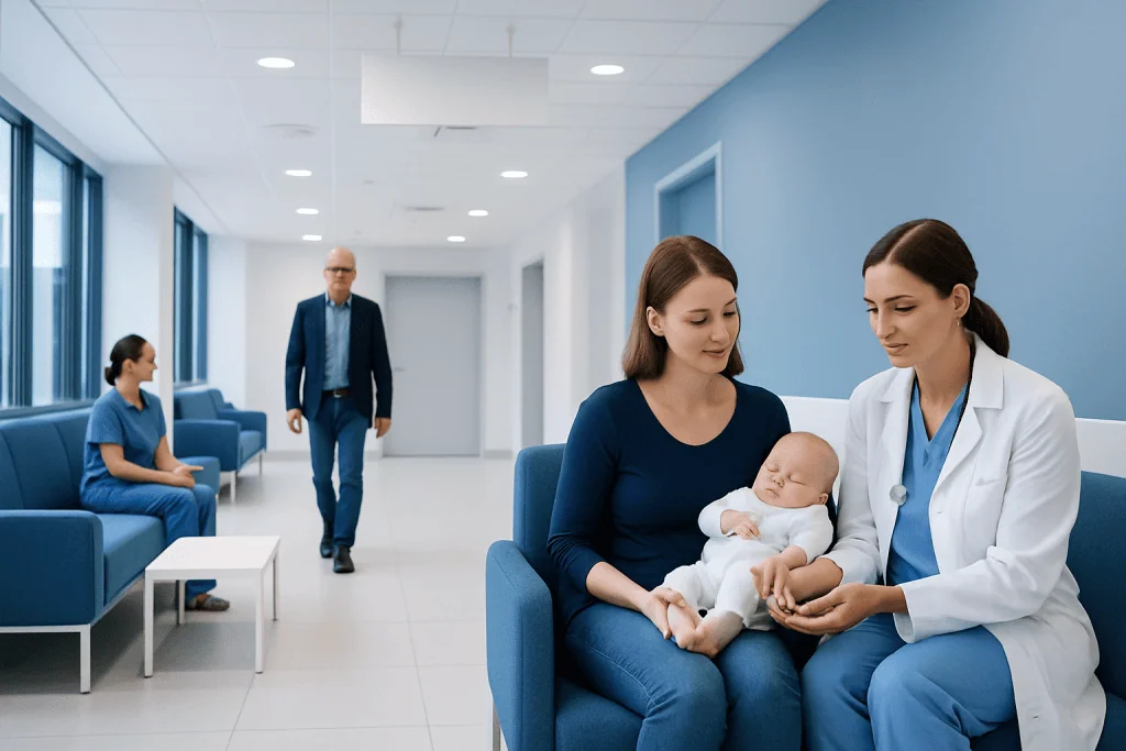 Metatarsus Adductus Treatment: How It Works, Results and What to Expect 1 Pediatric consultation at Acibadem Hospital with doctor and mother with baby.