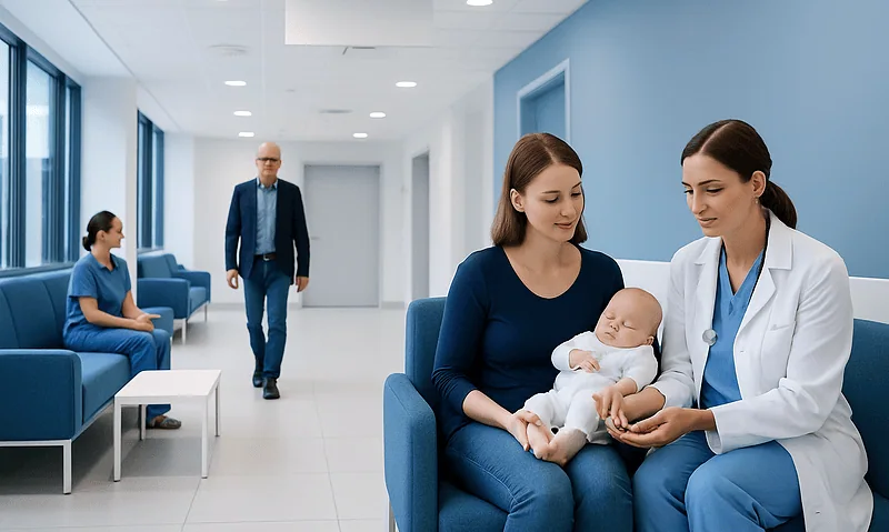 Pediatric consultation at Acibadem Hospital with doctor and mother with baby.