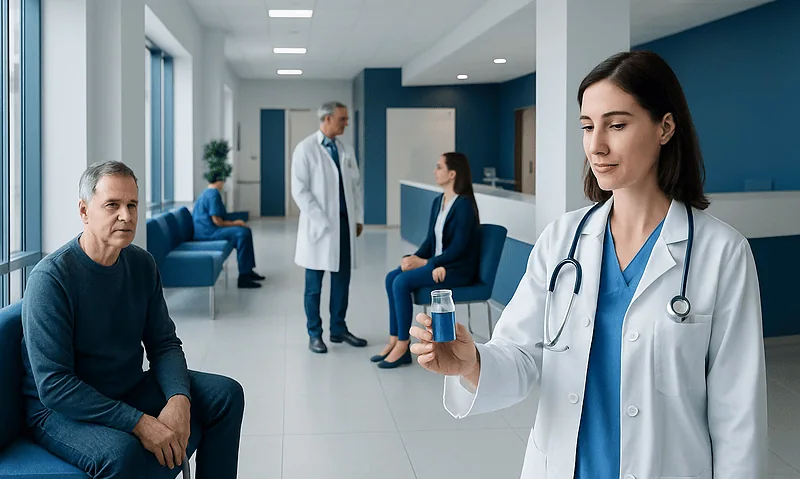 Doctor holding medication in a hospital waiting area with patients.
