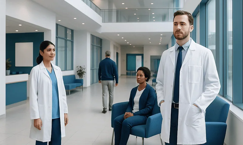 Medical professionals in hospital corridor discussing patient care.