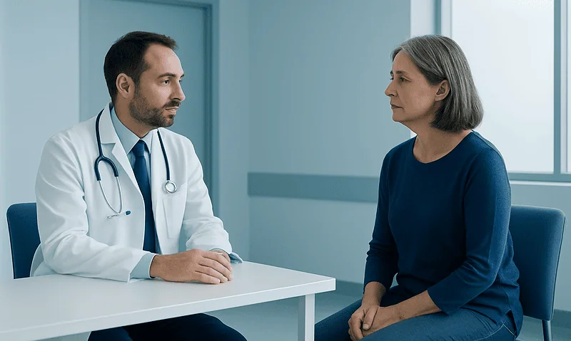 Doctor consulting with a middle-aged woman in a medical office.