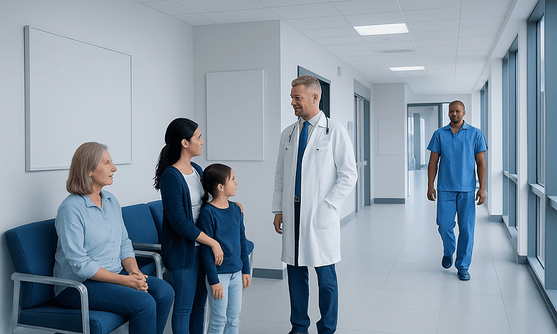 Doctor consulting with a family in a hospital corridor.