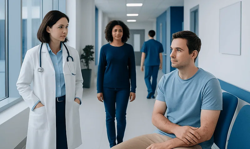 Doctor talking to patient in hospital corridor with nurse nearby.