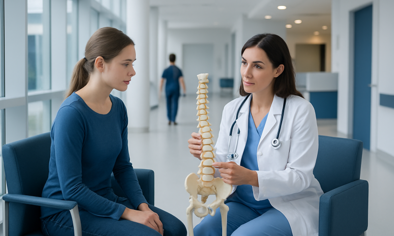 Doctor explaining spinal model to patient in hospital corridor.