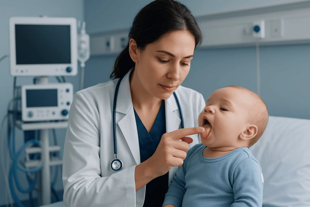 Milk residue or oral thrush: useful clues — white on infants tongue