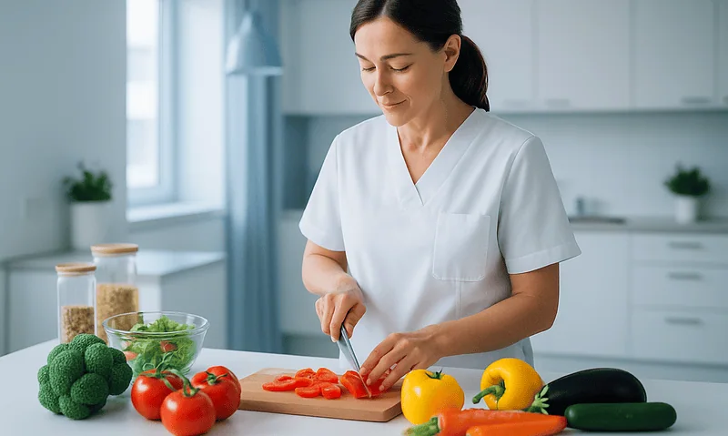 Woman preparing fresh vegetables in a modern kitchen for healthy eating.