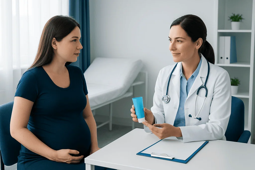Pregnant woman consulting with doctor about skincare during pregnancy.