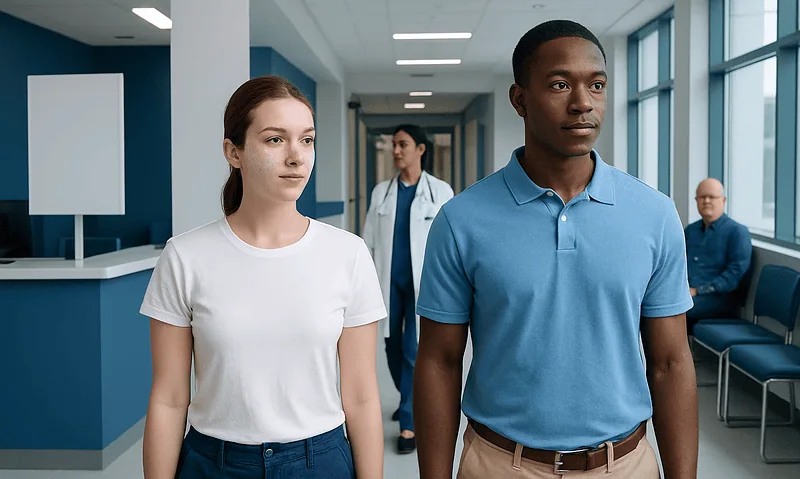 Diverse group of young adults in a hospital corridor.