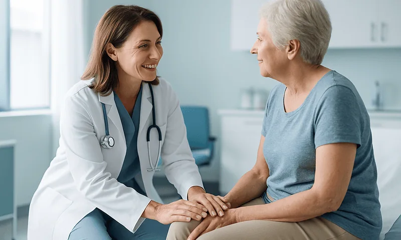 Doctor consulting with elderly patient about knee health in clinic.