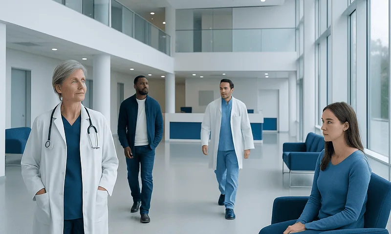 Medical team and patient in modern hospital lobby.