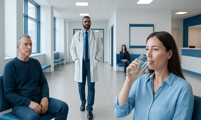 Patient drinking water during a medical consultation at Acibadem Hospital.