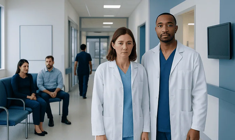 Medical professionals in a hospital corridor with patients waiting.