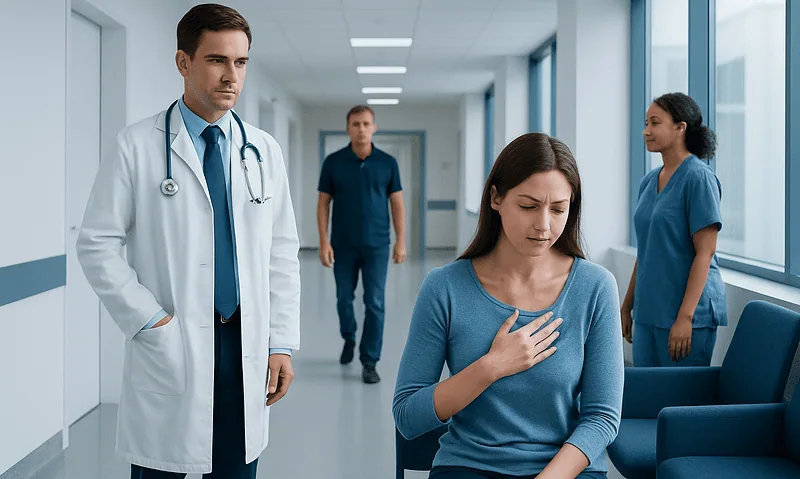 Patient experiencing chest discomfort in hospital corridor with medical staff nearby.