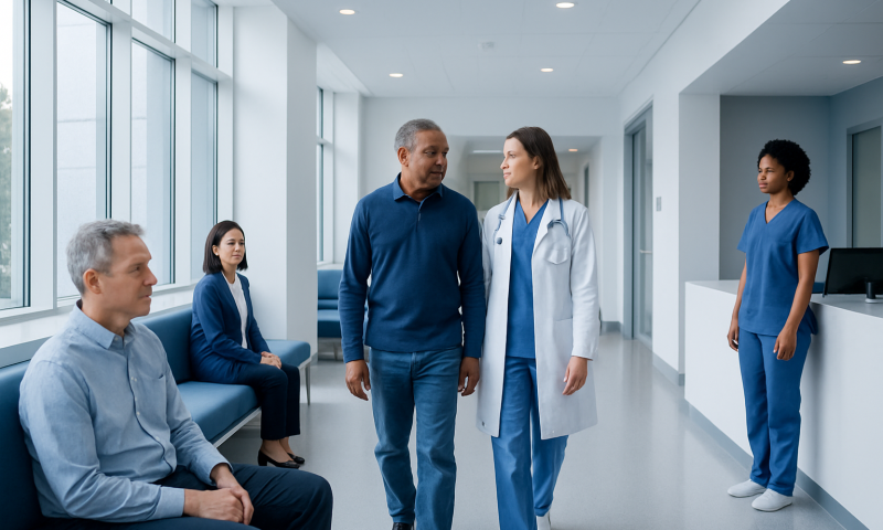 Medical professionals and patients in a hospital corridor engaging in conversation.