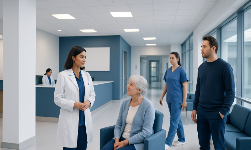 Medical team consulting with elderly patient in hospital corridor.
