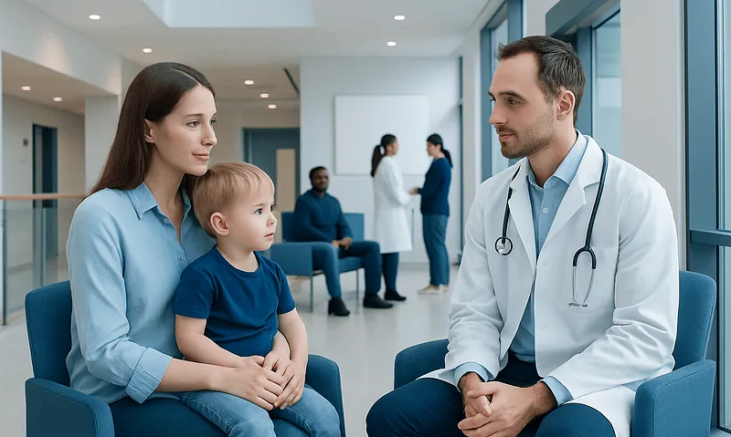 Doctor consulting with mother and child in hospital waiting area.