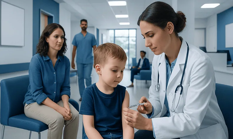 Doctor administering vaccine to young boy in hospital setting.