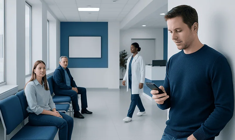 Man using smartphone in a hospital waiting area with patients and staff.
