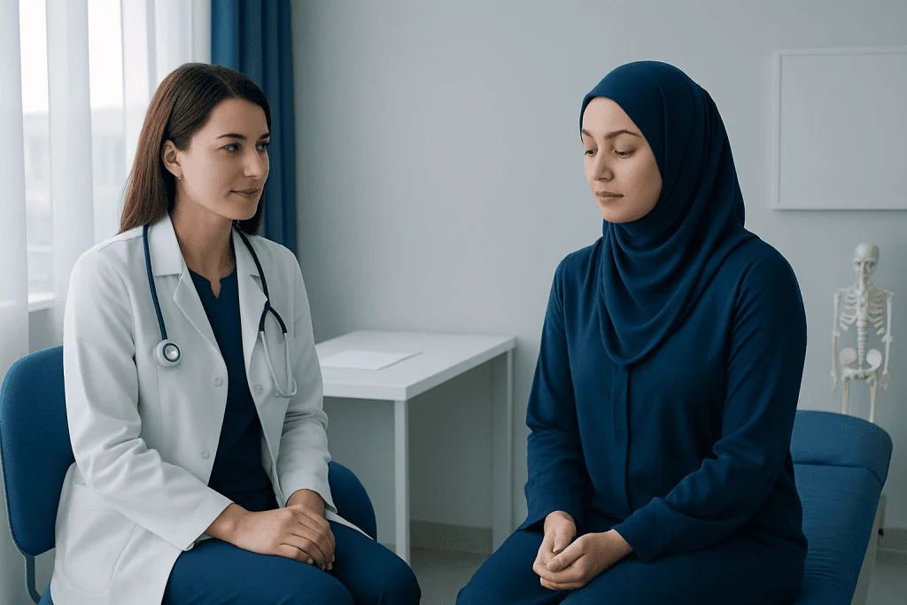 Doctor and patient discussing healthcare in a medical consultation room.
