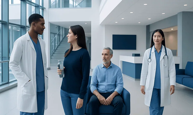 Medical team consulting with patient in modern hospital lobby.
