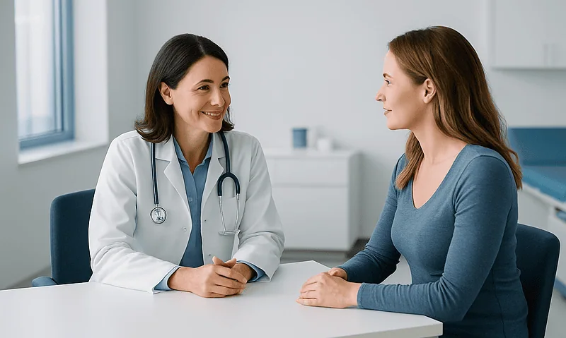 Doctor consulting with a patient in a modern medical office.