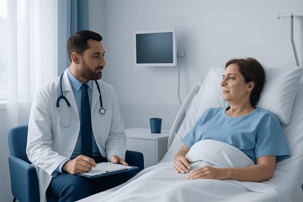 Doctor consulting with a patient in a hospital room at Acibadem Hospitals Group.