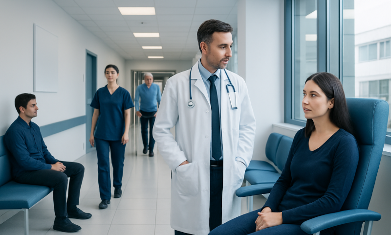 Doctor consulting patient in hospital corridor with medical staff in background.
