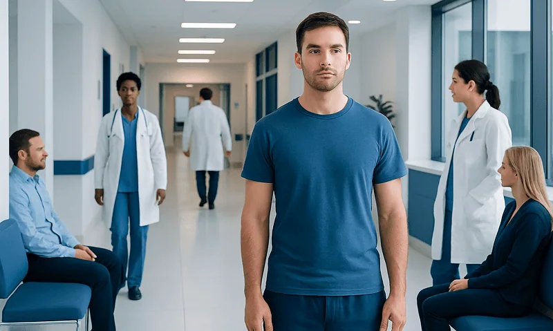 Young male patient waiting in hospital corridor with medical staff nearby.