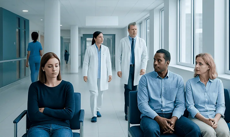 Patients waiting in a hospital corridor with medical staff nearby.