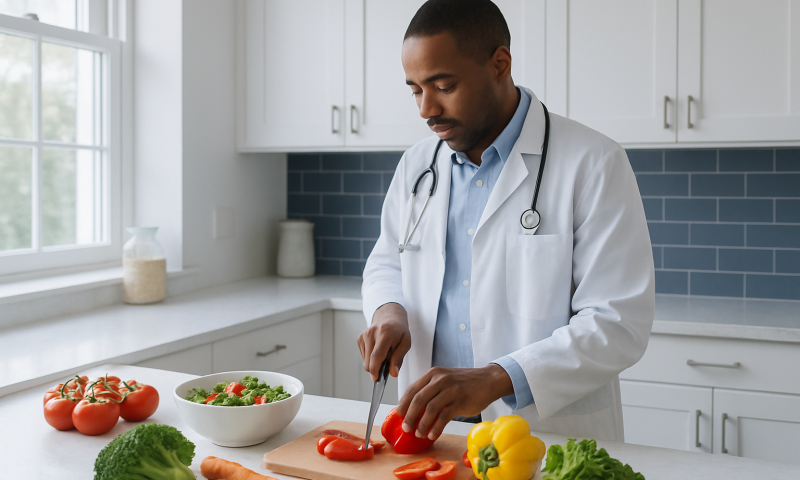 Blog 16 Doctor preparing fresh vegetables in a modern kitchen for healthy eating.