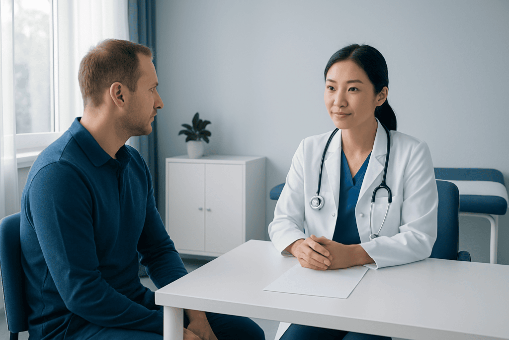 Doctor consulting with a male patient in a modern clinic setting.