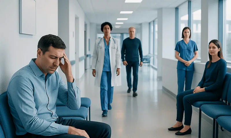 Man with headache sitting in hospital corridor with medical staff nearby.