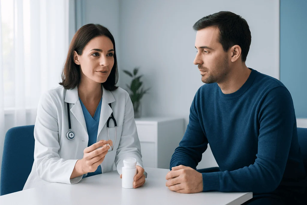 Doctor explaining vitamin B12 supplement to patient in consultation.