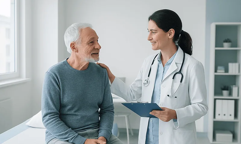 Doctor consulting with elderly patient in a hospital room.