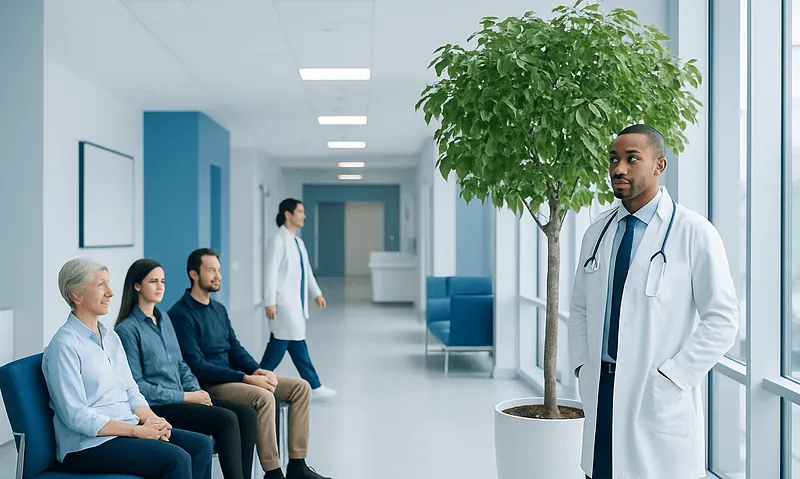 Doctor with stethoscope talking to patients in hospital corridor.