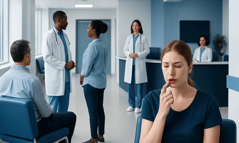 Young woman with lip mosquito bite in hospital waiting area.