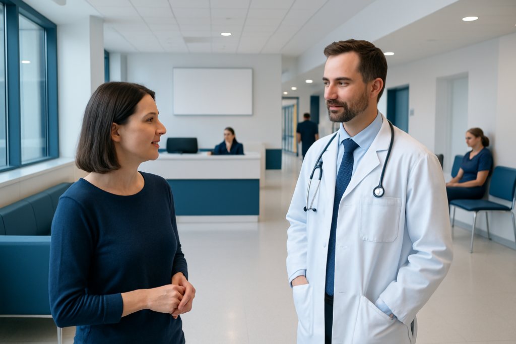 Mouth Sores Treatment: How It Works, Results and What to Expect 1 Doctor consulting a patient in a modern hospital corridor.