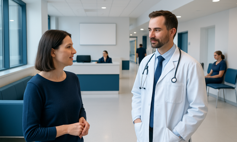 Doctor consulting a patient in a modern hospital corridor.
