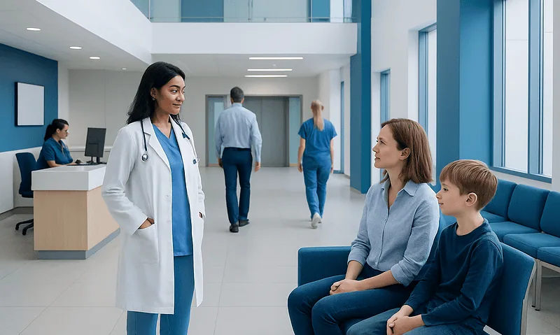Doctor talking to mother and son in hospital lobby.