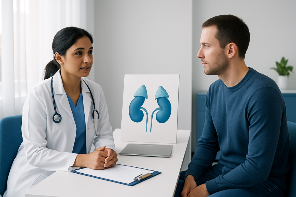 Doctor explaining kidney health to patient in clinic setting.