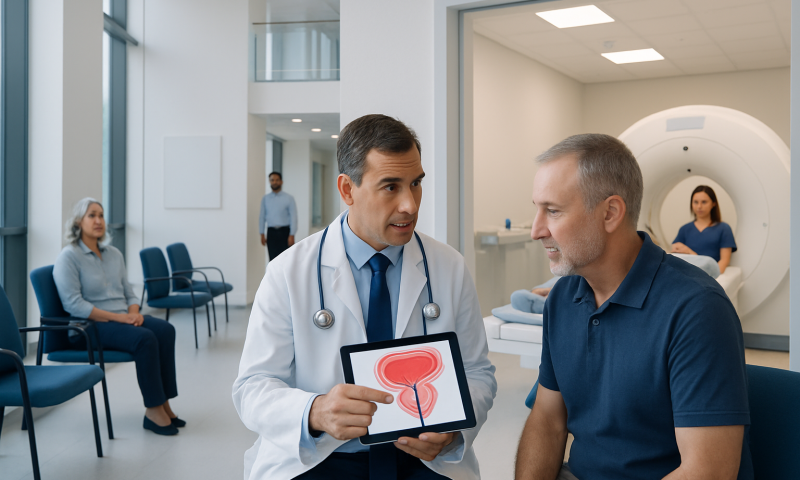 Urologist explaining prostate scan results to patient in hospital.