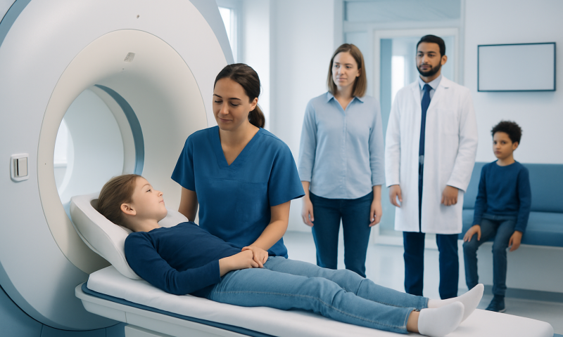 Child undergoing MRI scan with medical staff and family present in hospital.
